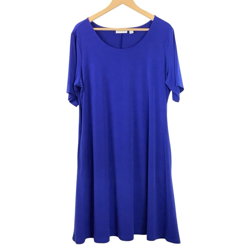 Susan Graver Blue Midi Dress Liquid Knit Pockets Travel Stretch Women XLP XL P